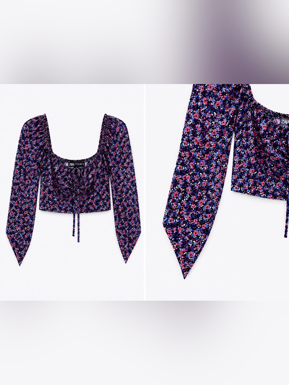 ZARA Floral Crop Top XS Square Neck Long Sleeve Ruched Tie Front